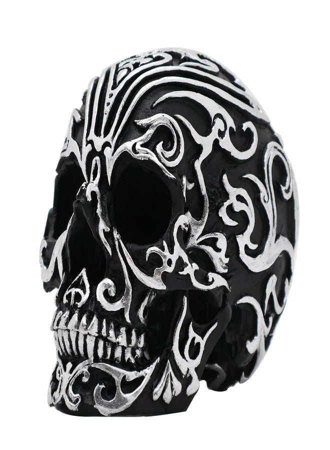 CHDL Realistic Resin Skull Head - 5.2 Inch Gothic Skeleton Skull Decor with Silver Patterns, Halloween Skull Decoration for Home, Office Desk, and Spooky Party Decor - Image 1